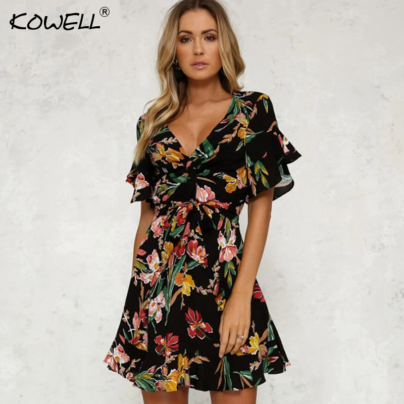 

Women Dress 2018 Summer Sexy V-Neck Floral Print Chiffon Women Summer Dress Boho Style Short Party Beach Dresses Vestidos