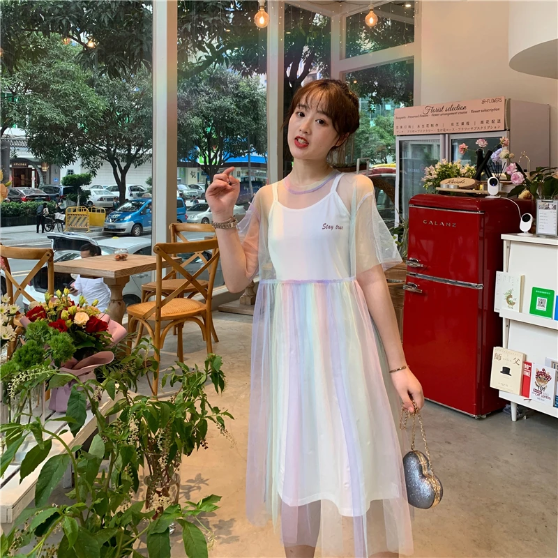 

Women's Clothing Sweer Rainbow short sleeve mesh+O-neck spaghetti strap women dress New Summer ulzzang Dresses two piece set