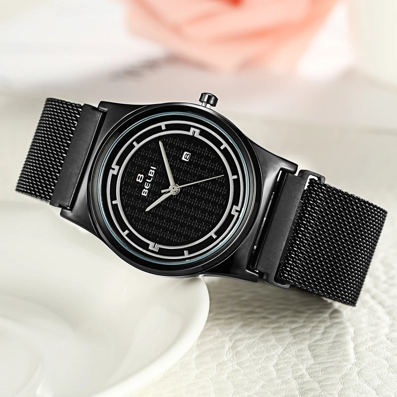 Belbi пара подарок часы простой круглый дизайн с удобным сталь ремень влюбленных часы водостойкие кварцевые батарея наручные