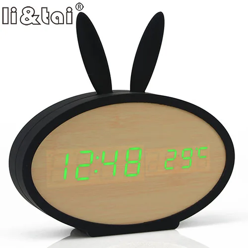 Креативный светодиодный Деревянный Будильник часы с календарем совершенство Голосовое управление милый кролик силиконовые электронные деревянные часы - Цвет: Bamboo green-Black