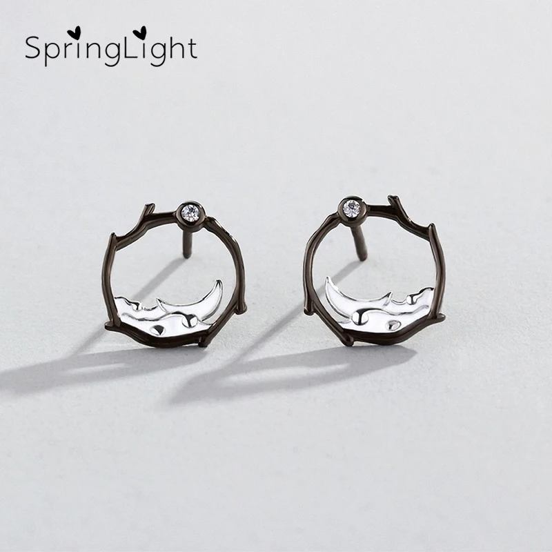 

SpringLight Vintage Earring Real 925 Sterling Silver Creative Fine Jewelry Moon on the branches Stud Earrings for Women Gift