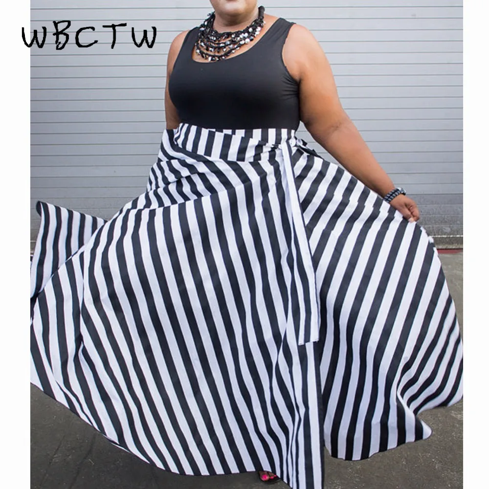 

WBCTW 9XL 10XL Plus Size High Waist Woman Skirts 2018 Summer Long Vintage Skirt With Pockets Black Striped Maxi Streetwear