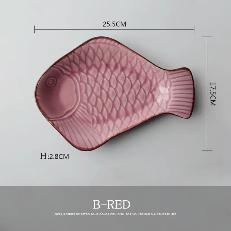 Керамическая тарелка, поднос для еды, форма рыбы, блюдо, горячий горшок, Сервировочная тарелка для закуски, салат, плоская посуда, тиснение, Soild принадлежности для приготовления обеда, 1 шт - Цвет: E