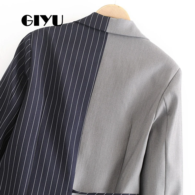 GIYU Autumn Women Patchwork Striped Blazer Long Sleeve Jackets Pockets Irregular Office Lady Casual Tie-up Bow camiseta mujer