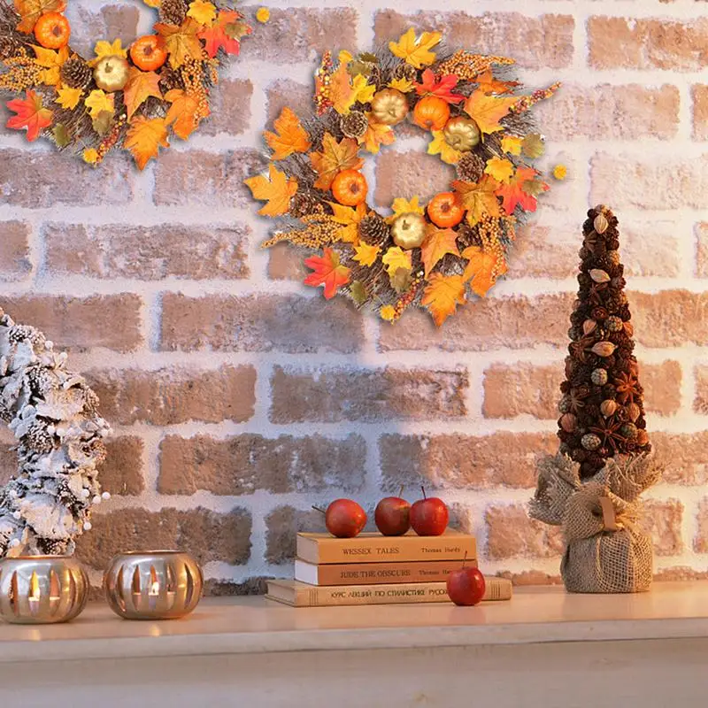 

45cm Thanksgiving Garland Golden Pumpkin Maple Leaf Fruit Branch Vine Wreath Christmas Decoration Pendant
