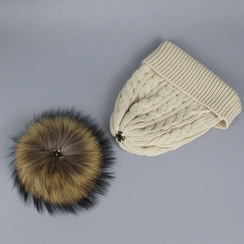 Children Winter Raccoon Fur Hats 100% Real Fur pompom Beanies Cap Natural Hat for Kids Fashion Boy girl Skullies
