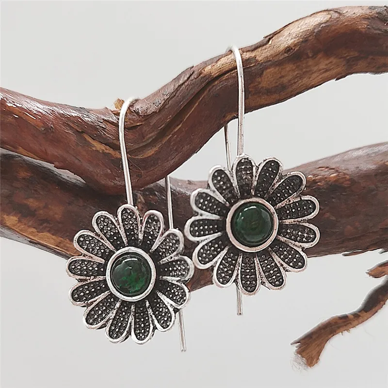 

925 Sun Flower Vintage Earrings Green Stone Antique Drop Earrings for Women Boho Jewelry Indian Earrings Boucle D'oreille S5E687