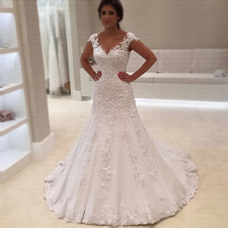 

2019 Cheap Vestido de Noiva Robe de mariage Sexy V Neck Short Sleeves Lace Mermaid Wedding Dress Custom Made Bridal Gowns