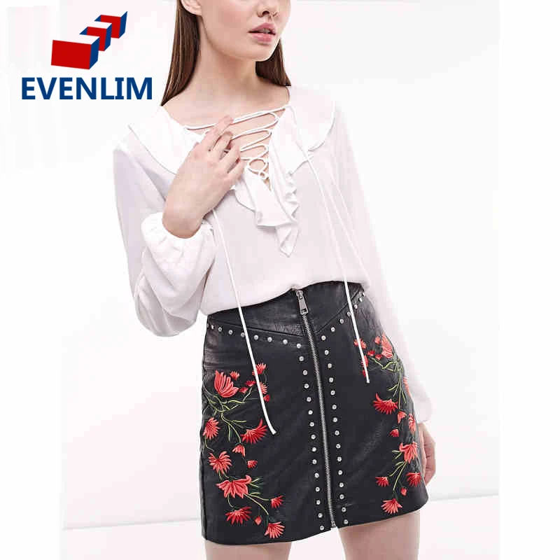 EVENLIM Women flower embroidery zipper black mini skirt