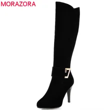 MORAZORA/Сапоги до колена; сезон весна-осень; обувь на тонком каблуке; модные женские сапоги; женские сапоги из флока; однотонные вечерние Сапоги на молнии
