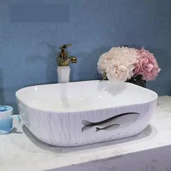 

Ceramic Table Basin Bathroom Washbasin OVAL European Style Art Washbasin Household fish pattern bathroom sinks bowl