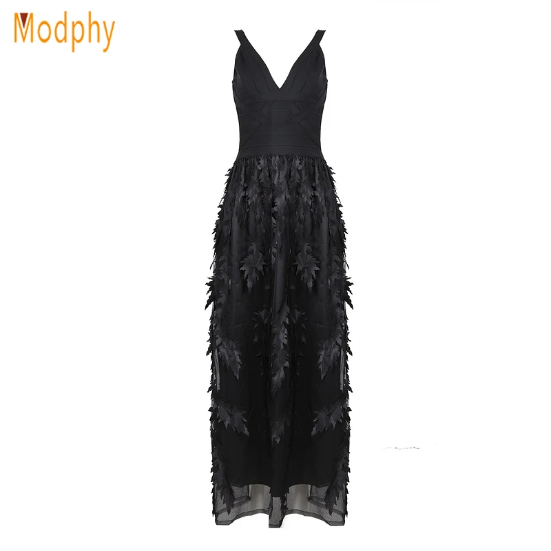 

2018 New Sexy feathers spaghetti strap Elegant lace Bandage Dress Women Floor Length Long Evening Party Drop shipping HL255