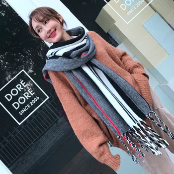 

2018 autumn and winter new striped coloured cashmere scarf daily Korean version tassel like cashmere scarf warm big shawl