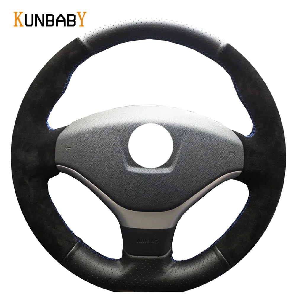 KUNBABY Black Genuine Leather + Black Suede Blue Thread Car Steering