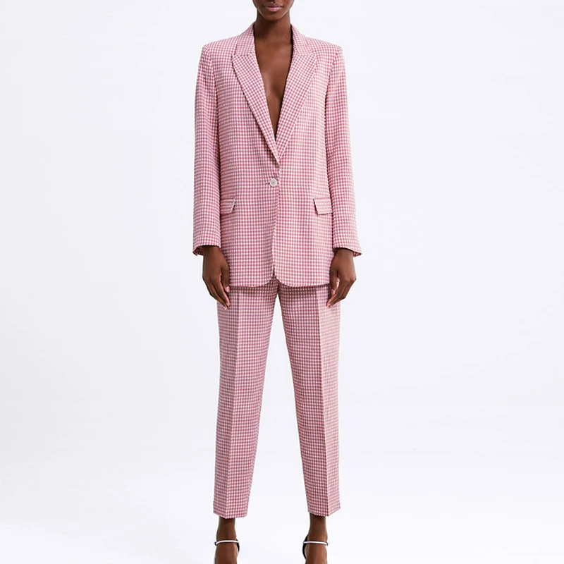 2019 Pink Plaid 2 Piece Set Women Single Button Office Blazer Jacket + Pants Women's Suits Spring Long Sleeve Women's Pant Suits 2019 Pink Plaid 2 Piece Set Women Single Button Office Blazer Jacket + Pants Women's Suits Spring Long Sleeve Women's Pant Suits