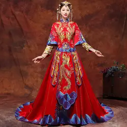 Невесты свадебные Cheongsam красный 2018 Новый Традиционный китайский Свадебные платья для женщин феникс вышивка Qipao платье халат Rouge кимоно
