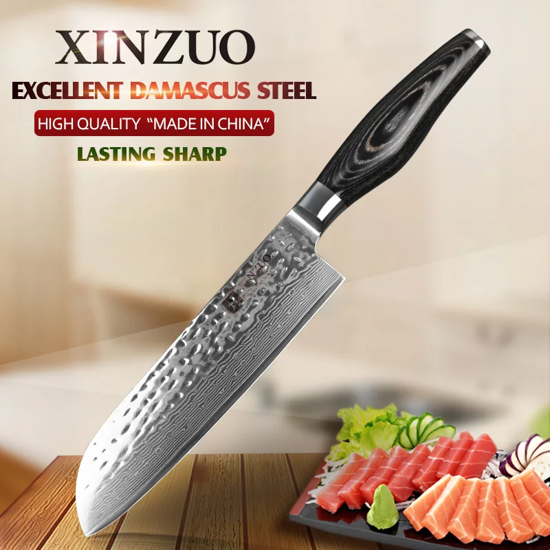 XINZUO 7 дюймов нож Santoku 67 слой Китай нож шеф-повара Дамасская нержавеющая сталь Профессиональный кухонный нож с деревянной ручкой Pakka - Цвет: Black Handle
