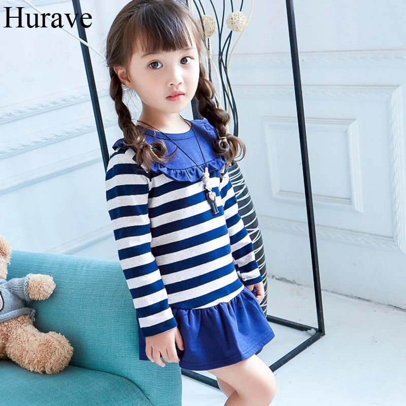 Hurave Spring and Autumn Children 's Wear Navy Style Cotton Long Sleeve Stripe Hem Patchwork Lotus Leaf Dress girl dress | Детская