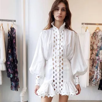 

Australia Designer Brand Dress for Women Hollow Out Wave Ruffled Lantern Sleeve Stand Collar Chiffon Holiday Mini Dress White
