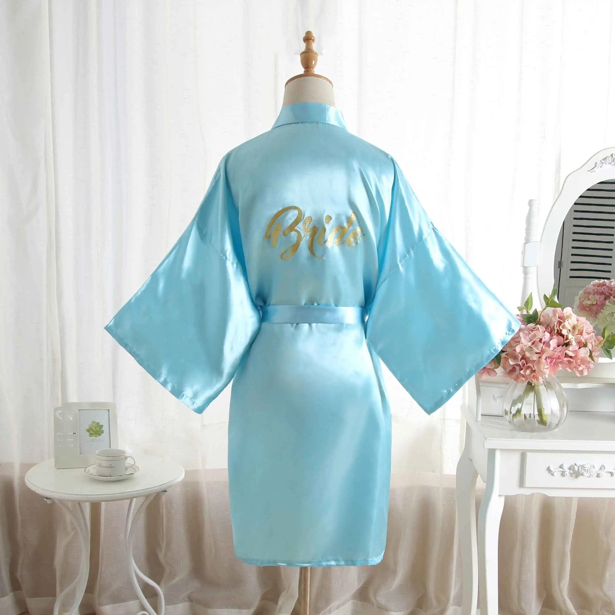 BZEL, Одноцветный халат для невесты, подружки невесты, атласный сексуальный халат, ночная рубашка для женщин, Короткое Кимоно, одежда для сна размера плюс, пижама Mujer - Цвет: blue