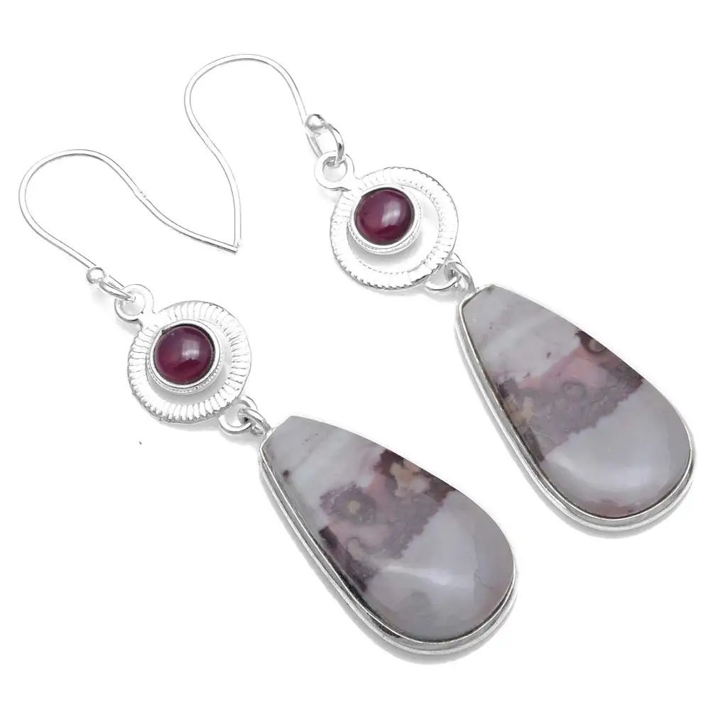 

Genuine Jasper + Pink Rubellite 925 Sterling Silver Earrings, 52 mm,2SE0481