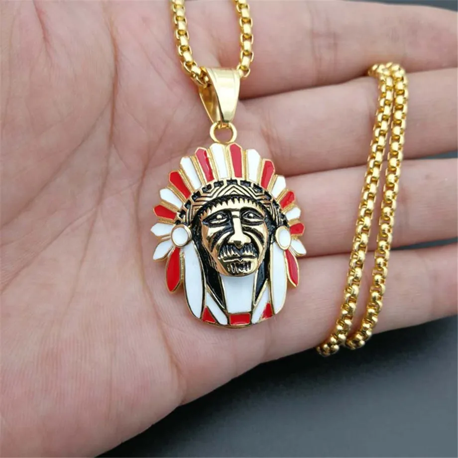 

Iced Out Indian Chief Head Charm Pendant & Necklaces Hip Hop Gold Silver Color Chains For Men Mask Indian Gifts Jewelry Native