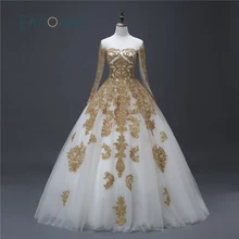 Gold Wedding Dress 2017 Lace Bridal Gowns With Long Sleeves Vintage Ball Gown Vestido de Festa robe de mariee Lucurious Dress