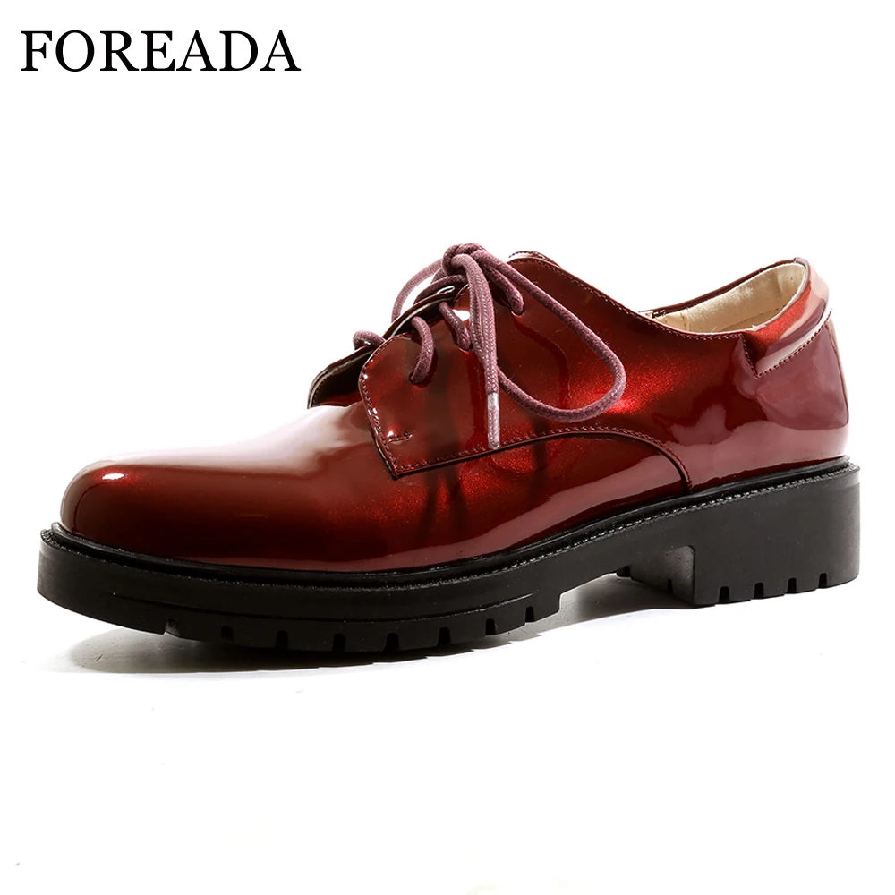 FOREADA Women Derby Shoes Spring Flats Patent Leather Flat Casual Shoes Lace Up Round Toe Footwear Female Black Plus Size 33-44 FOREADA Women Derby Shoes Spring Flats Patent Leather Flat Casual Shoes Lace Up Round Toe Footwear Female Black Plus Size 33-44