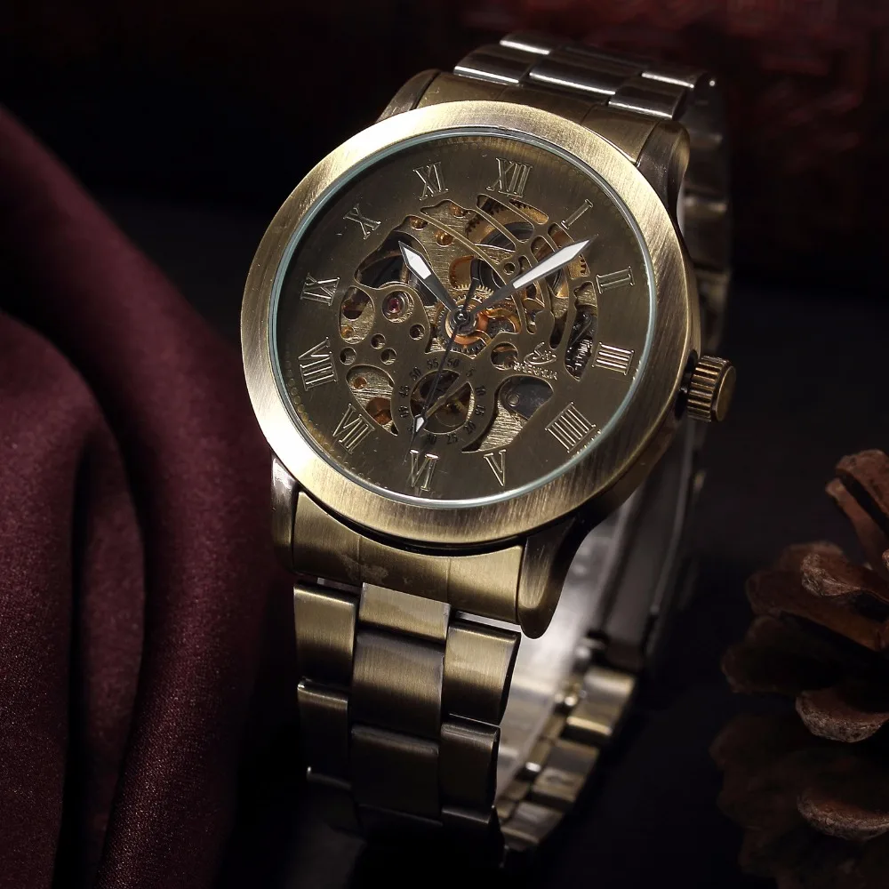 SHENHUA Luxury Brand Bronze Men Skeleton Mechanical Watches Male Clock Stainless Steel Strap Fashion Casual Automatic Watch