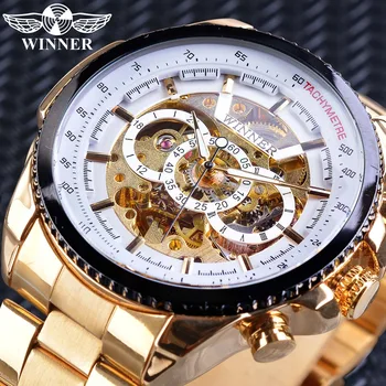 

Winner White Golden Stainless Steel Gear Steampunk Movement Open Work Automatic Wristwatch Men Top Brand Luxury Mechanical Clock