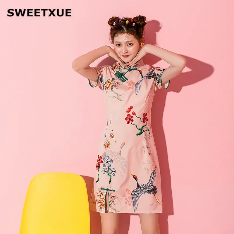 Новинка 2019 летнее женское мини-платье SWEETXUE с принтом журавлей китайское вечерние
