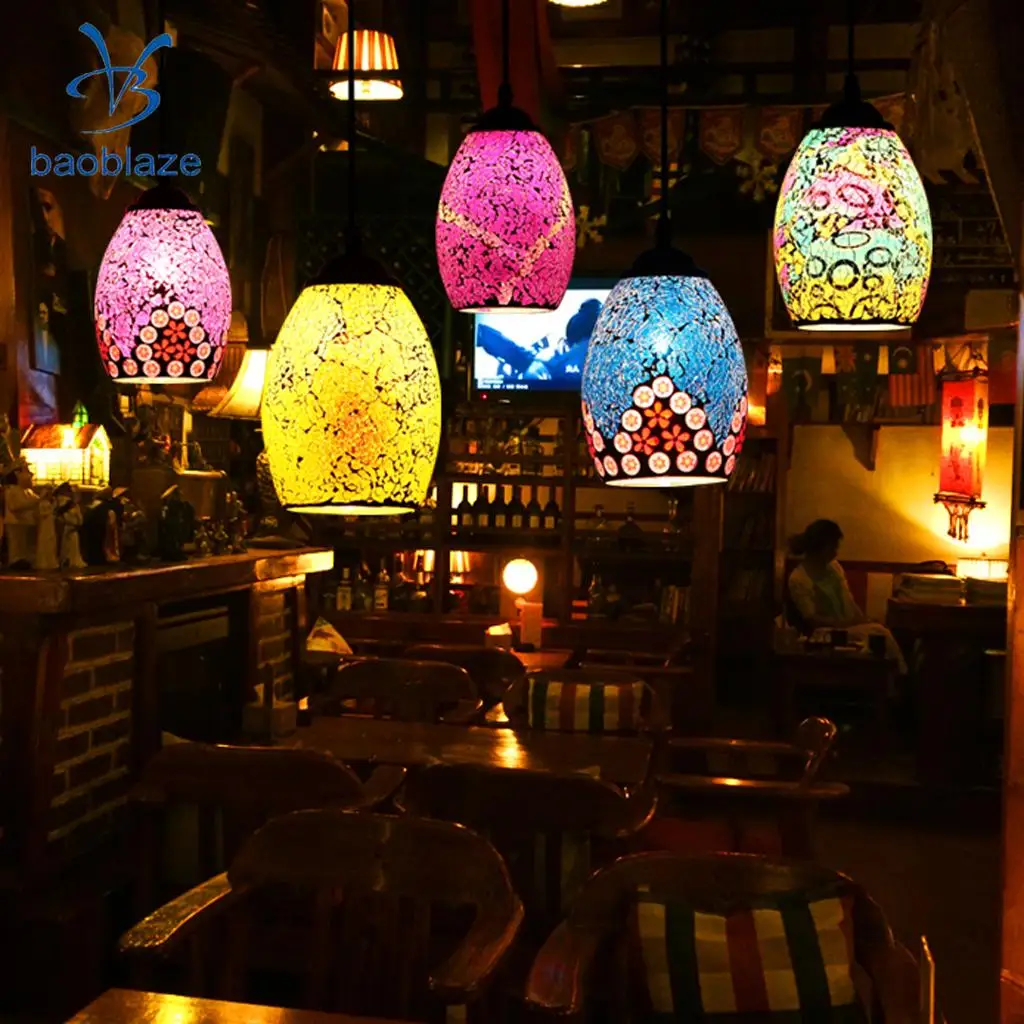 Vintage Retro Mosaic Style Multicolour Pendant Light Bulb Cage Ceiling Hanging Lampshade Home Bar Cafe Restaurant Decoration
