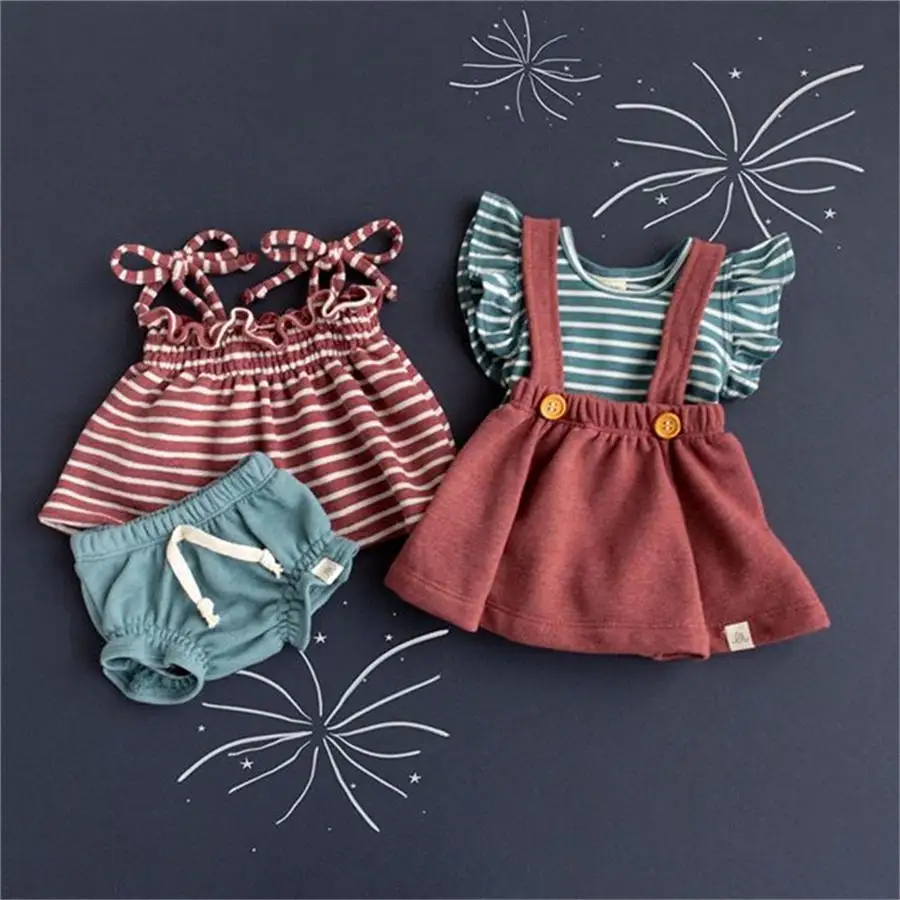 Toddler Kid Baby Girls Lace Flying Sleeve Button Striped Ruffled Top+Bowknot Shorts Outfit Clothes Set