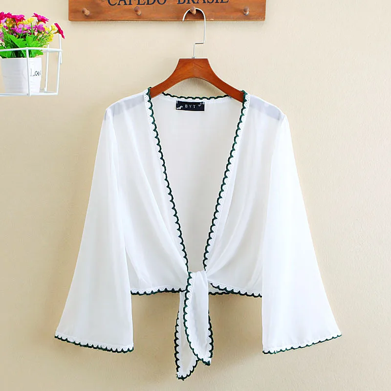

New Summer Solid Thin Chiffon Cardigans Women Sun protection V-Neck Short Coat Hollow Out Spliced Beach Cover Ups Outwear Mw300