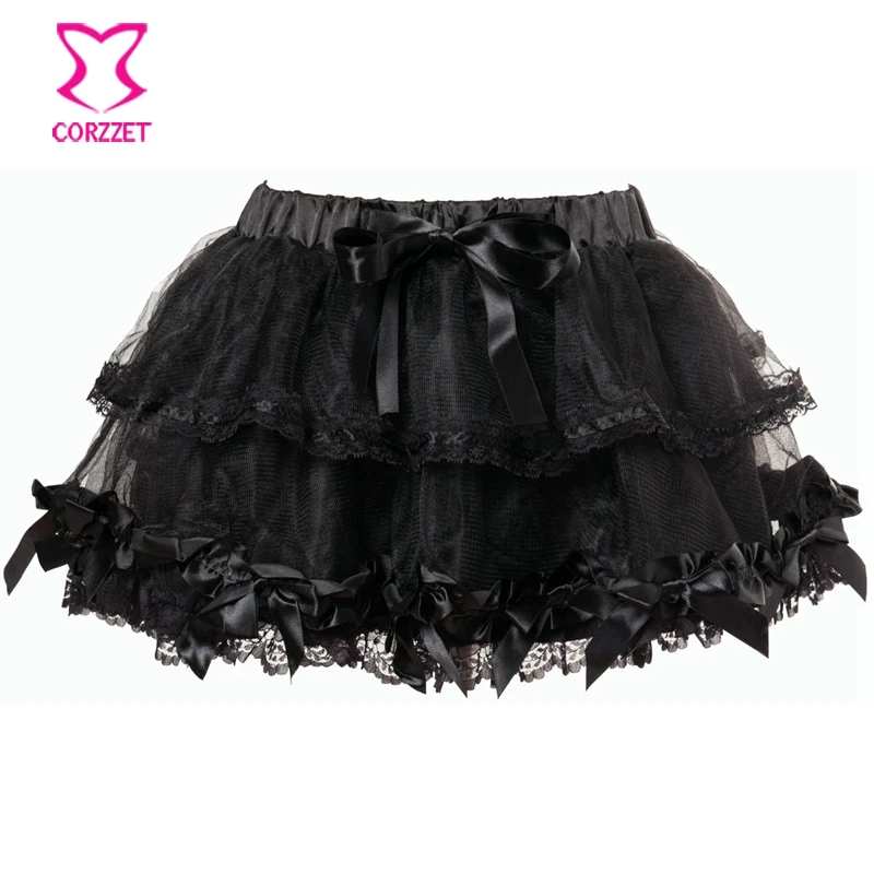 Elastic Gothic Lace Tutu Skirt Women Black Mesh Satin Bows Detail Petticoat Sexy Mini Tulle Skirts Party Club Wear Slip Dancer