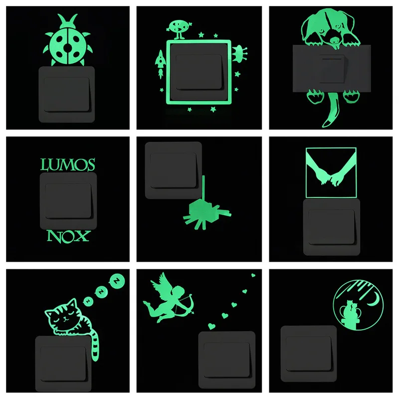 

Green-light Luminous Switch Sticker Home Decor Cartoon Glowing Wall Stickers Dark Glow Decoration Sticker, Cat/Fairy/Moon Stars