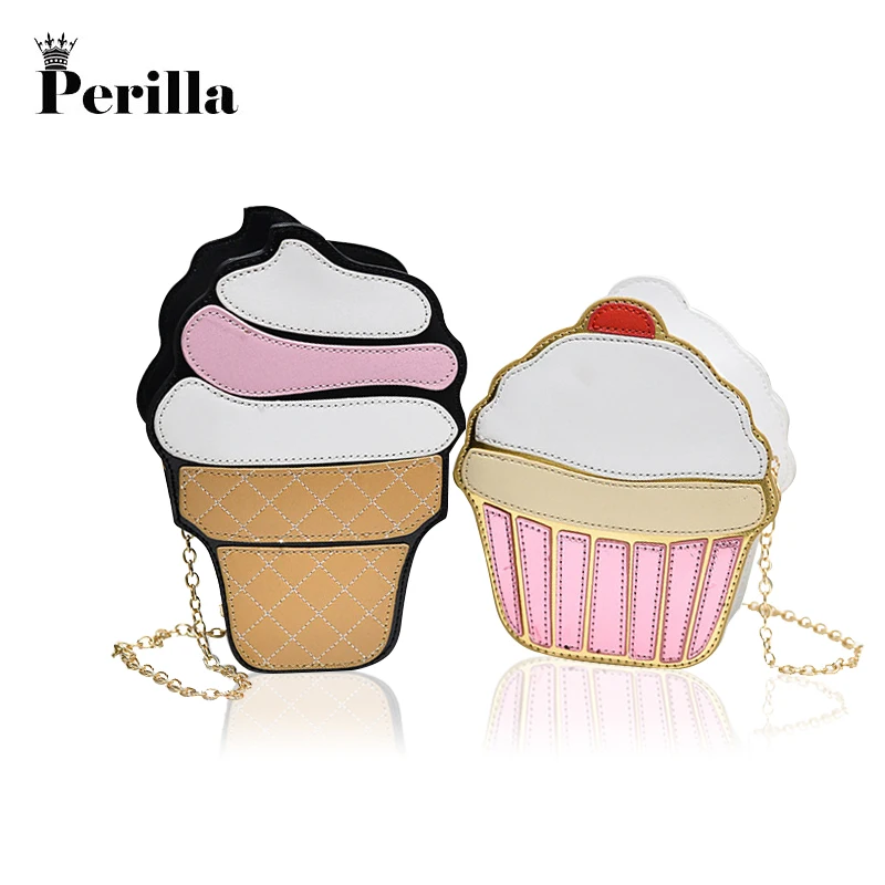 Perilla Cute Cartoon Women Bag Ice Cream Cupcake  Mini PU Leather Chain Mobile Keys Clutch Crossbody Girl Shoulder Messenger Bag