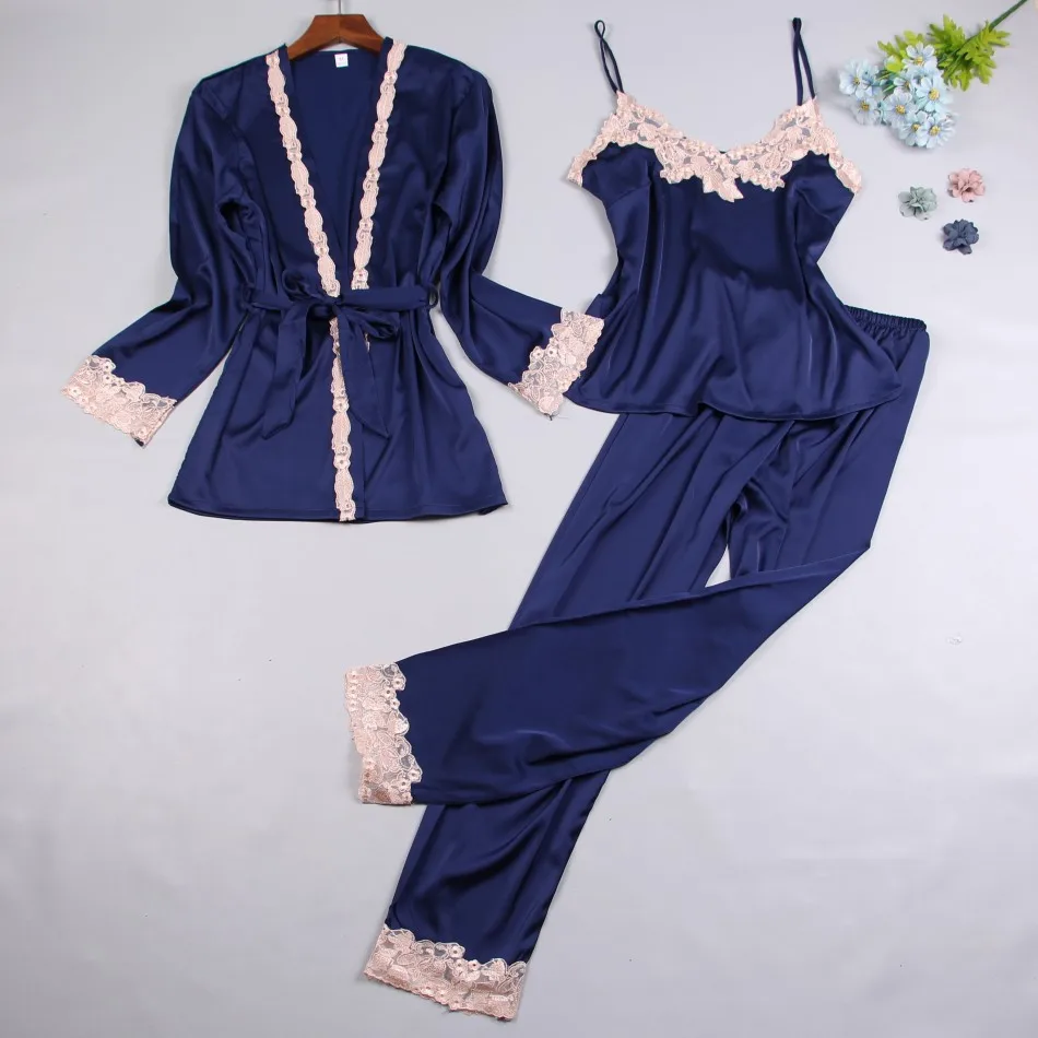 

2018 NEW Womens 3PC Strap Top Pants Suit Night Robe Sleepwear Sets Casual Pajamas Sexy Nightwear Kimono Bath Gown M L XL