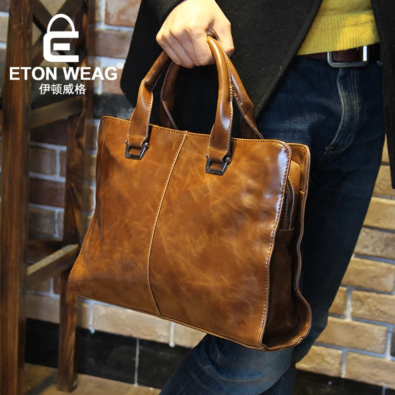 ETONWEAG Brands Vintage Leather Briefcases Men Messenger Bags Brown