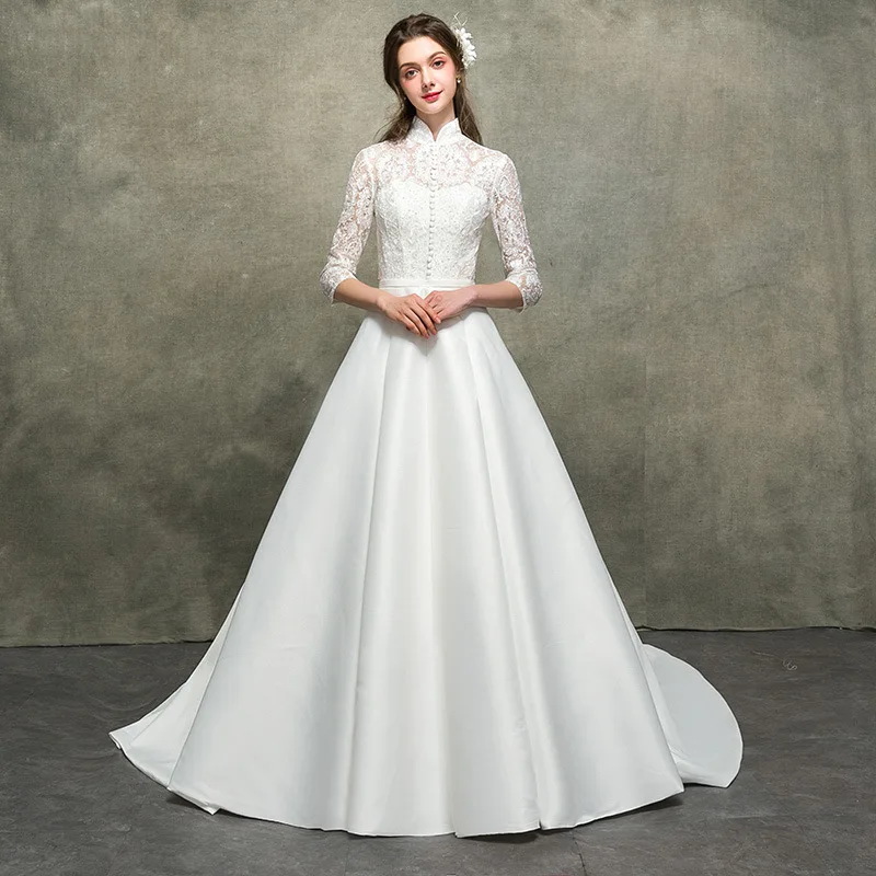 

Holievery High Neck Lace Satin A Line Wedding Dresses 2019 Vintage Wedding Gowns with Open Back White Ivory