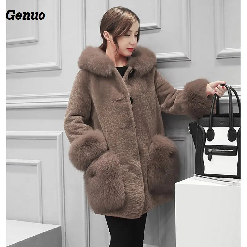 Genuo Winter Luxury Faux Fox Fur Coat Slim Long Faux Fur Jacket Overcoat Women Hooded Fur Pocket Warm Coat Outwear Party Clothes