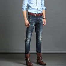 Мужские джинсы, Новое поступление, длинные штаны, повседневные джинсы из денима, Классический прямой крой, однотонные мужские джинсы со средней талией