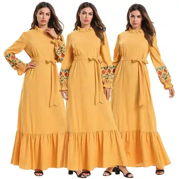 

Abaya Gown Muslim Dress Women Elegant Print Causal Long Dress Middle East Arab Islamic Clothing Kaftan Dubai Robe Gown With Sash