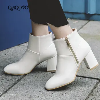 

Women Boots Fashion Patent Leather Square High Heel Ankle Boots Round Toe Zipper Boots Autumn Winter Female Shoes White Gold
