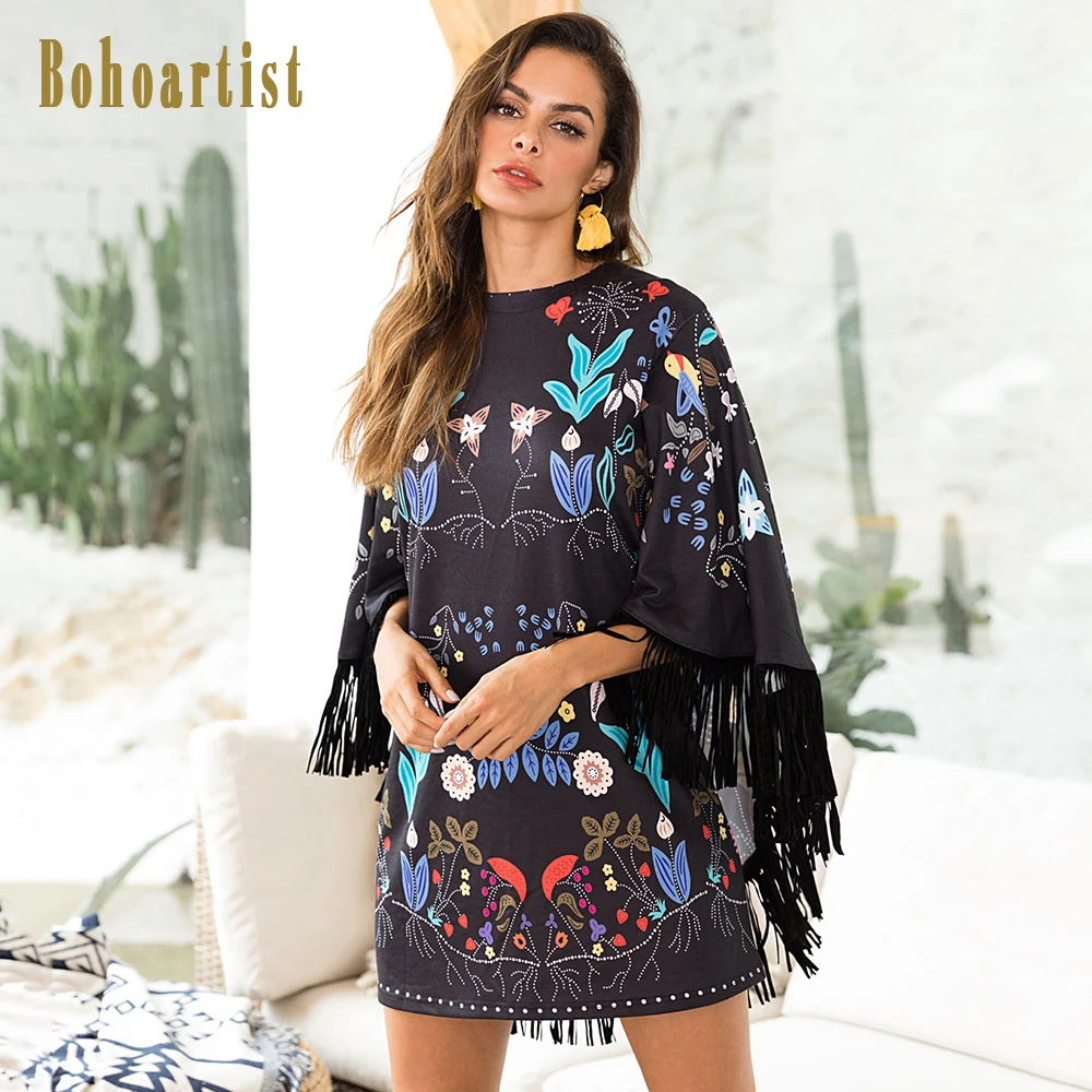 Bohoartist Boho Mujer Vintage Floral estampado étnico borla negro Casual vestido suelto otoño corto Mini vestido|Vestidos| - AliExpress