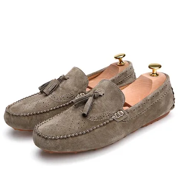 

GOXPACER New 2018 Spring Autumn Men Shoes Loafers Pig Suede Flats Genuine Leather Shoes Moccasins Casual Shoes Breathable Tassel
