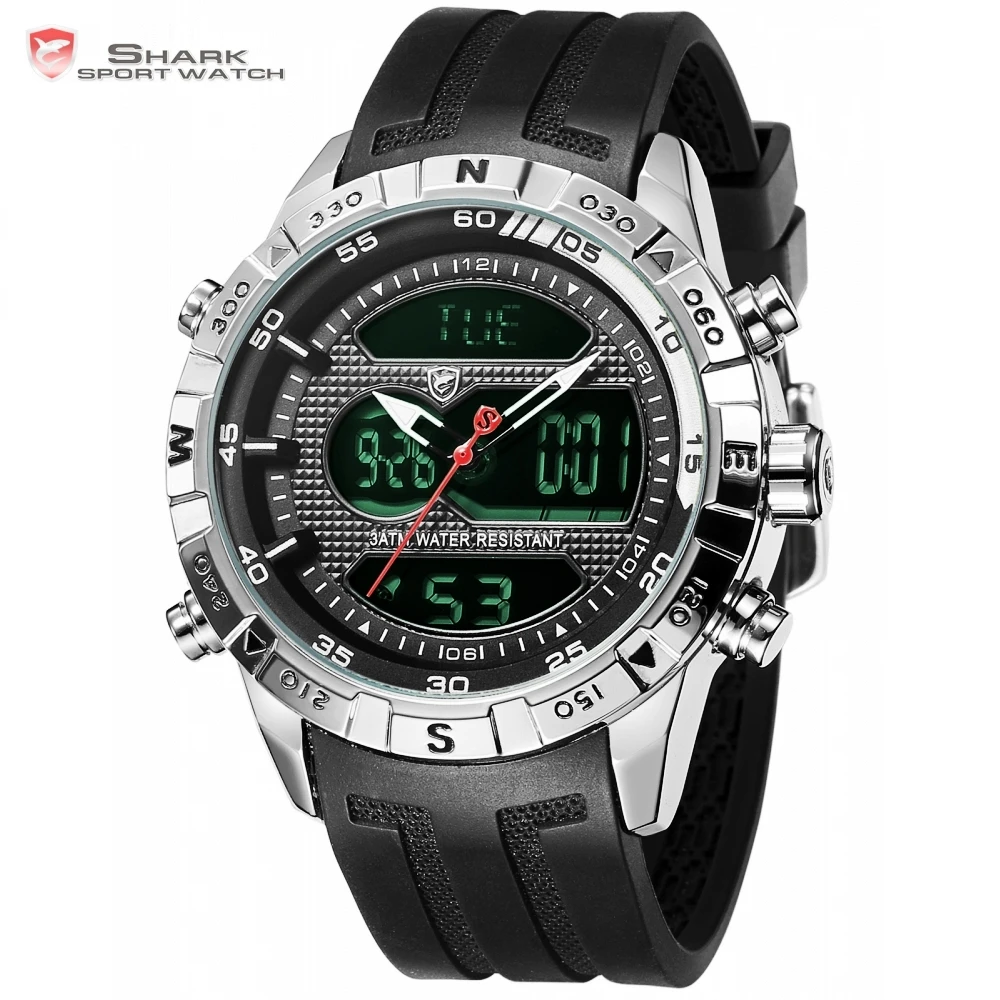 Hooktooth SHARK Sport Watch for Men Double Movement Chronograph Alarm LCD Male Clock 3ATM Water Resistant Black Stopwatch /SH596