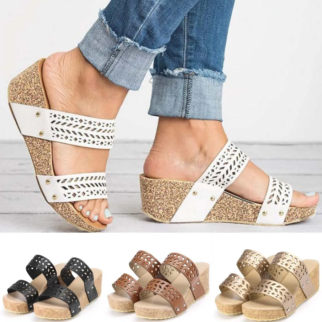 

Women's Slippers Summer Wedges Rome Beach Casual Shoes High Heels Fashion Femme Retro Peep Toe Slipper Hollow Carved Platform