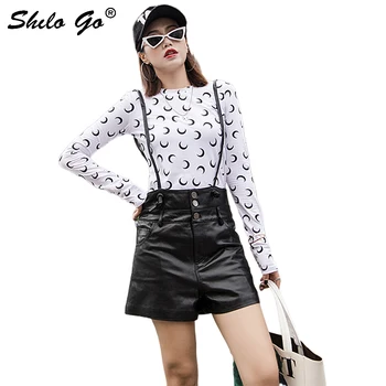 

Streetwear Leather Shorts Women Casual Strap High Waist Sheepskin Genuine Leather Wide Leg Shorts Front Button Female Hot Shorts
