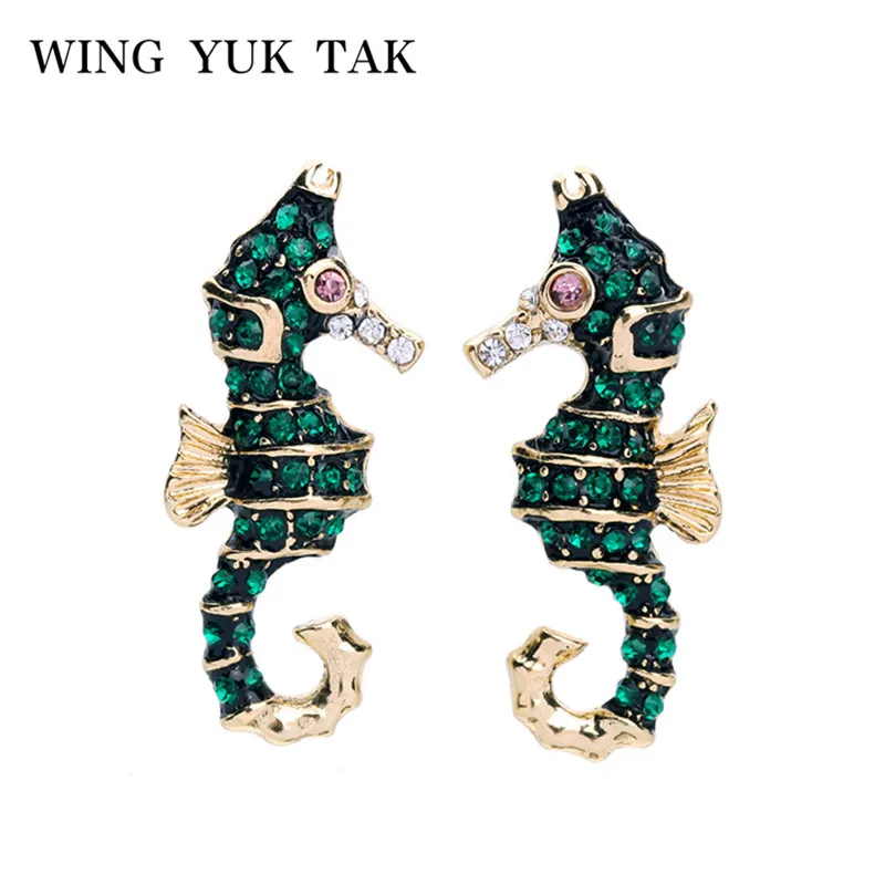 

wing yuk tak New Arrival Cute Statement Earrings Fashion Alloy Green crystal Hippocampus Stud Earrings for Women Charm Jewelry